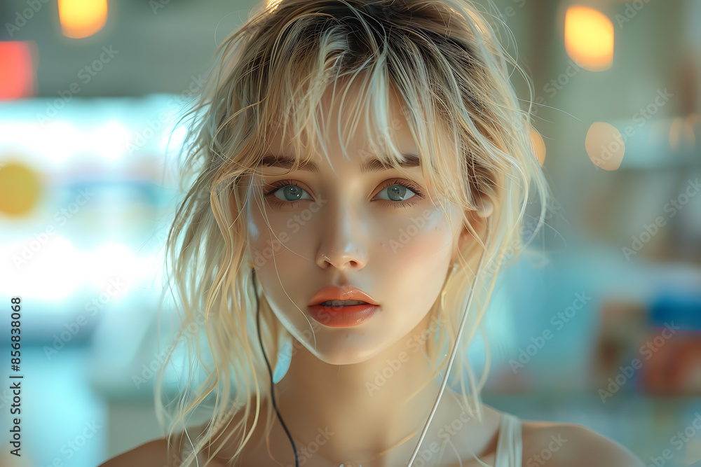 A photo of a cute girl model wearing headphones, featuring a bokeh effect and a cyberpunk style A photo of a cute girl model wearing headphones, featuring a bokeh effect and a cyberpunk style