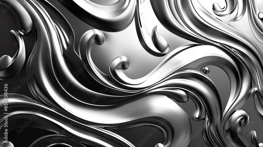 Abstract metallic swirl pattern with fluid lines, shiny silver texture, and dynamic shapes creating a modern artistic background. Abstract metallic swirl pattern with fluid lines, shiny silver texture, and dynamic shapes creating a modern artistic background.