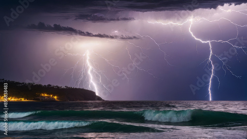A stormy night with lightning and crashing waves