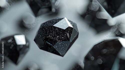 Close-up of sparkling, black geometric crystals with a soft-focus background, showcasing their reflective and faceted surfaces. photo
