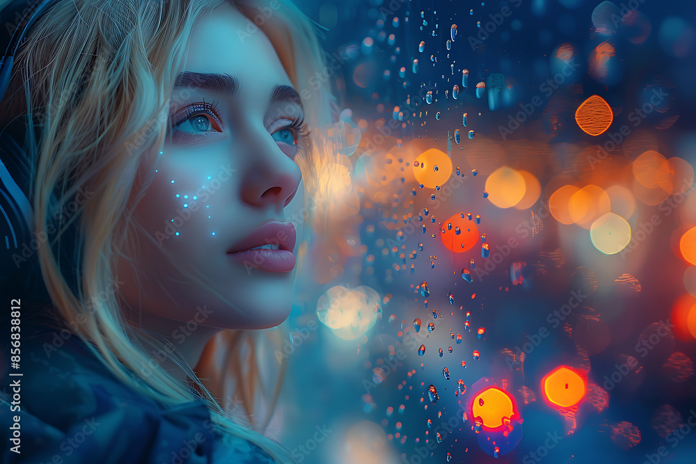 A photo of a cute girl model wearing headphones, featuring a bokeh effect and a cyberpunk style A photo of a cute girl model wearing headphones, featuring a bokeh effect and a cyberpunk style