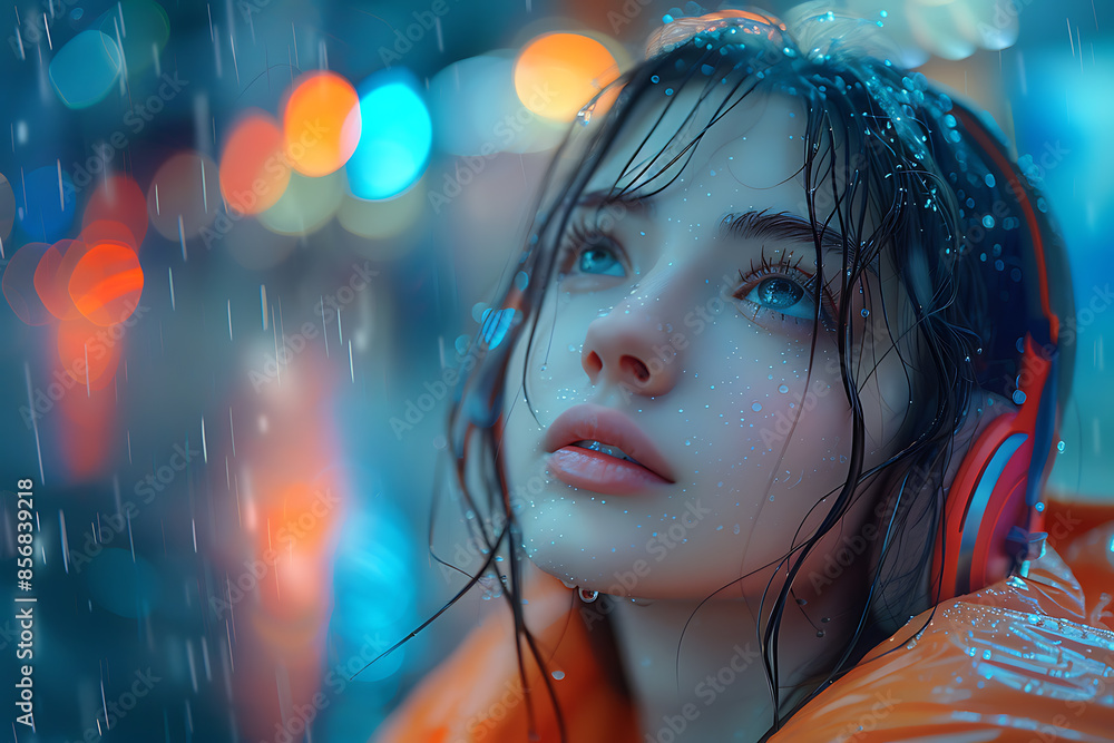 A photo of a cute girl model wearing headphones, featuring a bokeh effect and a cyberpunk style A photo of a cute girl model wearing headphones, featuring a bokeh effect and a cyberpunk style