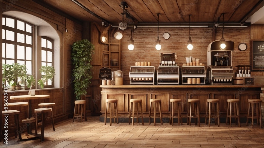 Fototapeta premium Interior design of cafe with wooden vintage style, decorated with warm and cozy tones, relaxing tones with classic old wood round corner counter and coffee machinery