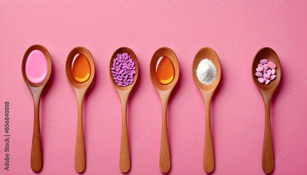 Powdered medicine and pills of various colors were placed on spoons with pink backs. Powdered medicine and pills of various colors were placed on spoons with pink backs.