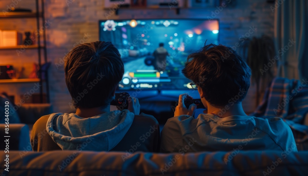 Two friends sitting on the couch playing video games Two friends sitting on the couch playing video games