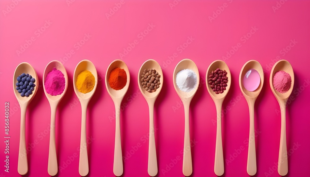 Powdered medicine and pills of various colors were placed on spoons with pink backs. Powdered medicine and pills of various colors were placed on spoons with pink backs.