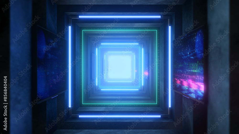 Fototapeta premium Inside an endless Sci-Fi style dark tunnel of square stone extrusions lit and edged with neon strip lights.