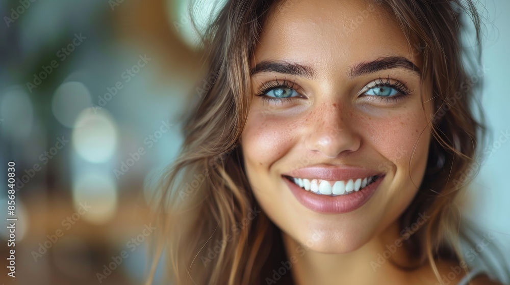 Capturing a moment of joy, this image spotlights a cheerful woman's bright smile and sparkling hazel eyes Capturing a moment of joy, this image spotlights a cheerful woman's bright smile and sparkling hazel eyes