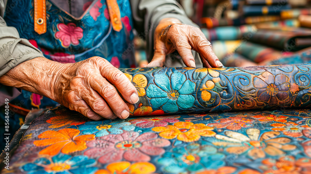 Artisan working on floral patterned leather in his workshop Artisan working on floral patterned leather in his workshop