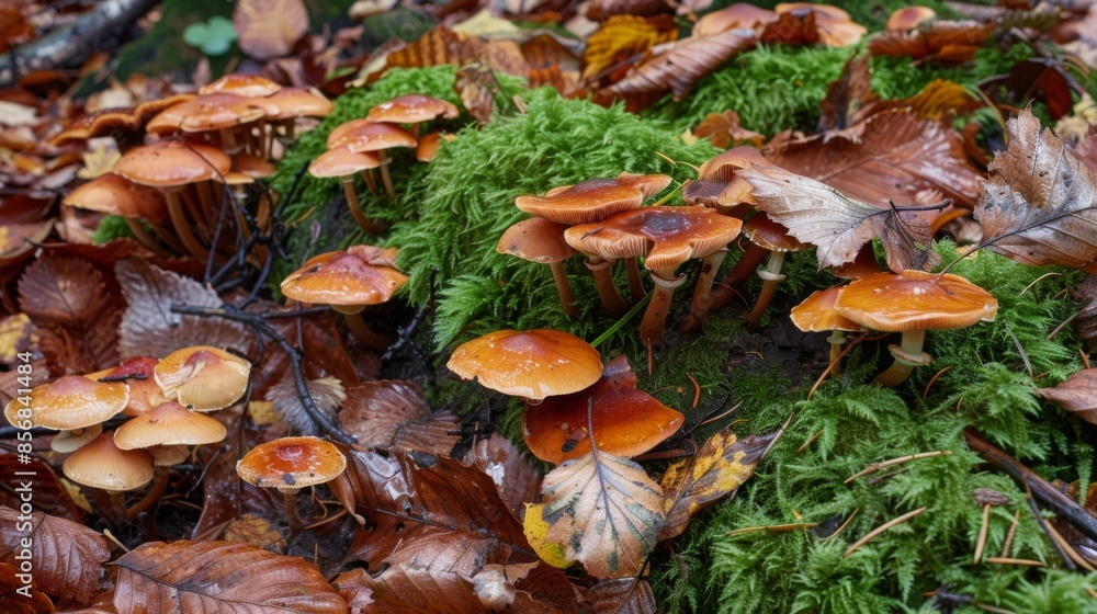 A cluster of wild mushrooms growing on a forest floor, surrounded by fallen leaves and moss A cluster of wild mushrooms growing on a forest floor, surrounded by fallen leaves and moss