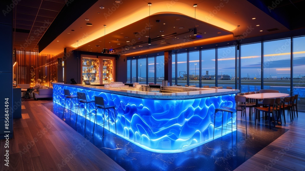 Fototapeta premium A sleek bar interior design featuring a unique, abstract blue light pattern under a bar counter