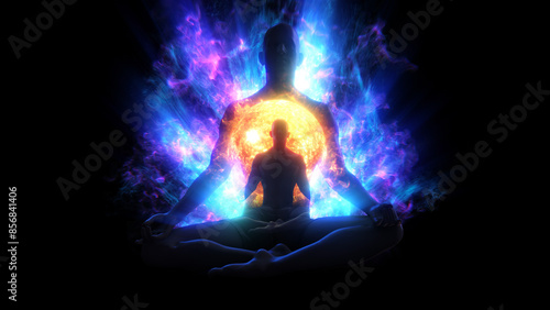 A silhouetted figure sat in a mediation lotus pose, surrounded with pulsating flowing light energy.