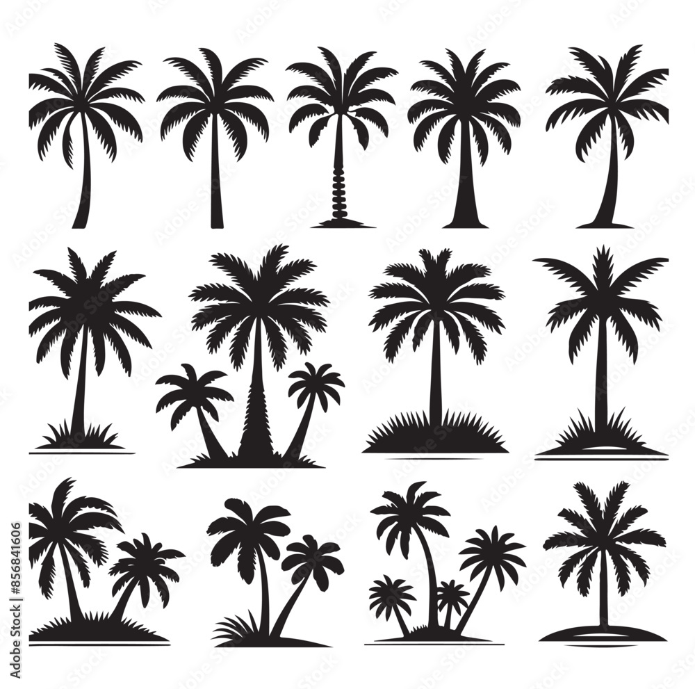 Fototapeta premium Black palm trees set isolated on white background. Palm silhouettes. Design of palm trees for posters, banners and promotional items. Vector illustration