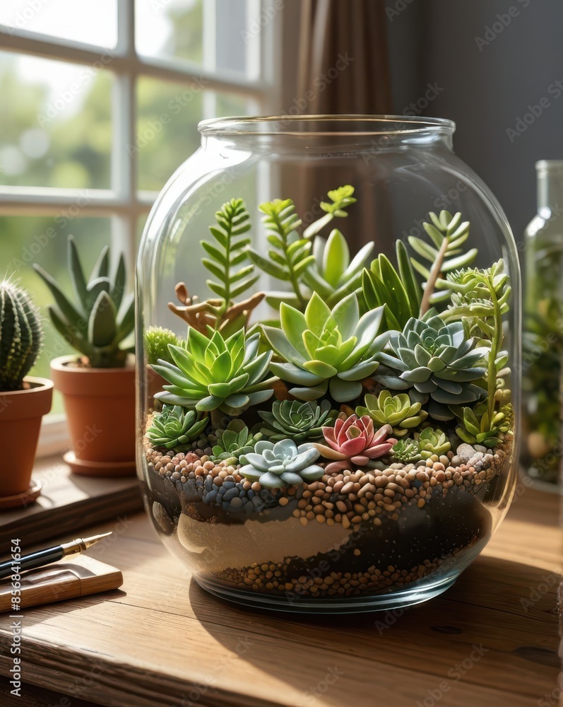 A hyperrealistic image of a beautifully crafted DIY terrarium, featuring a variety of vibrant succulents arranged in a large glass jar, illuminated by soft natural light. A hyperrealistic image of a beautifully crafted DIY terrarium, featuring a variety of vibrant succulents arranged in a large glass jar, illuminated by soft natural light.