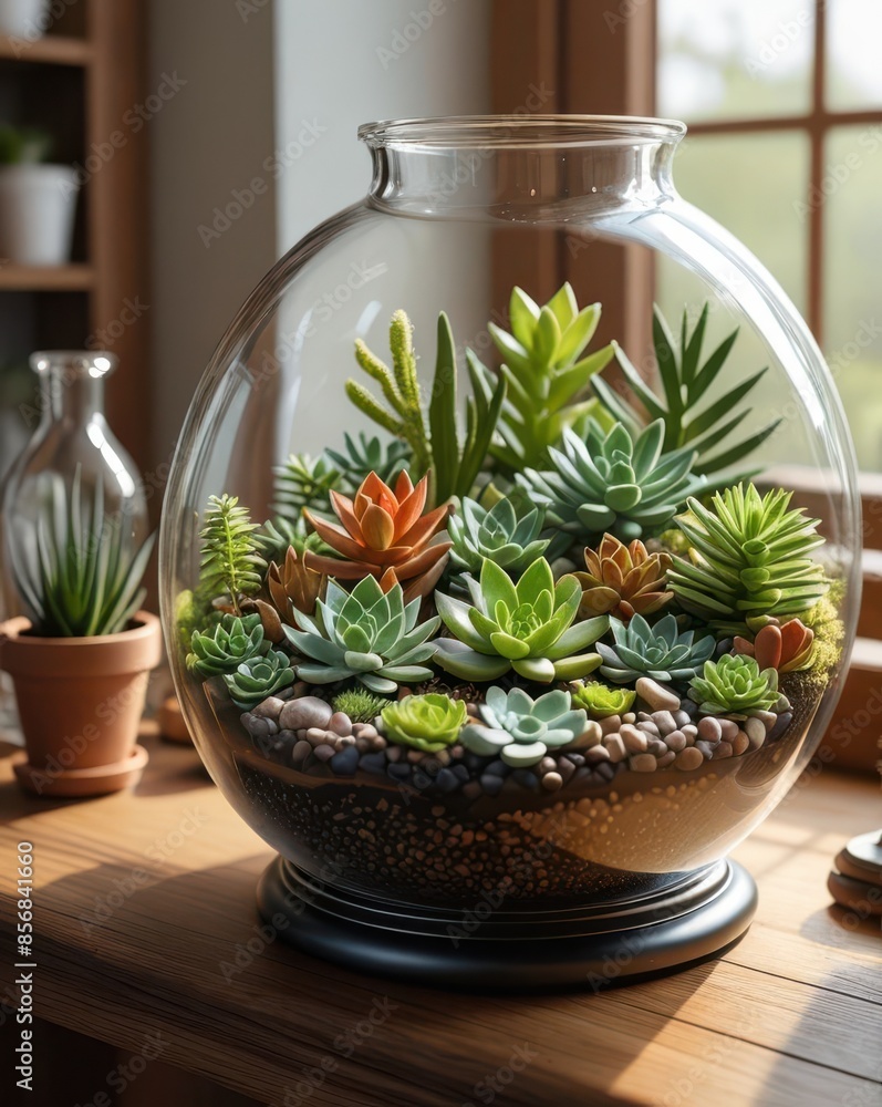 A hyperrealistic image of a beautifully crafted DIY terrarium, featuring a variety of vibrant succulents arranged in a large glass jar, illuminated by soft natural light. A hyperrealistic image of a beautifully crafted DIY terrarium, featuring a variety of vibrant succulents arranged in a large glass jar, illuminated by soft natural light.