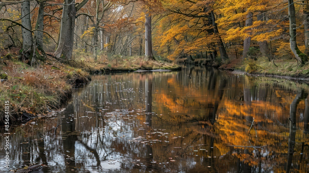 A river with a reflection of trees and leaves in the water A river with a reflection of trees and leaves in the water