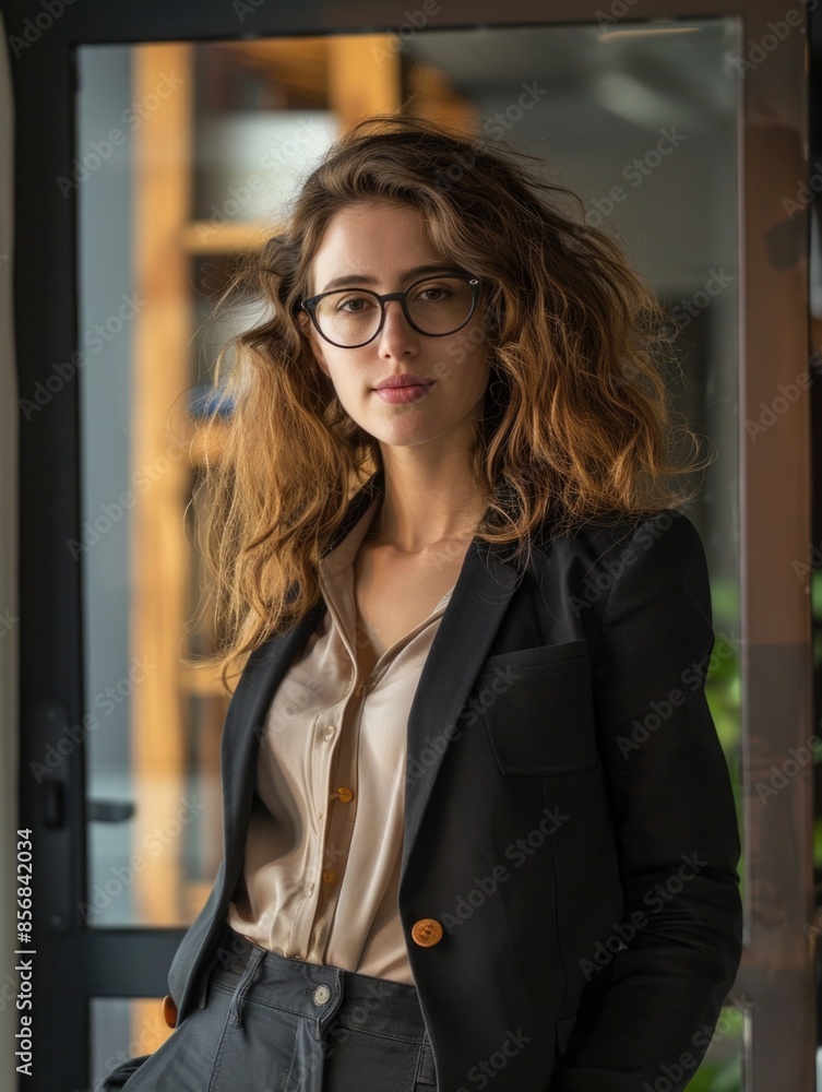 A woman wearing glasses stands in front of a window, perfect for use in scenes about study or work A woman wearing glasses stands in front of a window, perfect for use in scenes about study or work