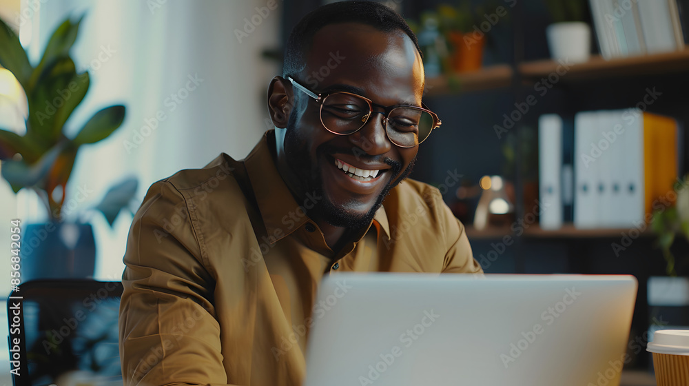 Online video call, remote conversation, man smiling at presentation talking to colleagues and partners, businessman working inside office with laptop, wearing shirt and glasses