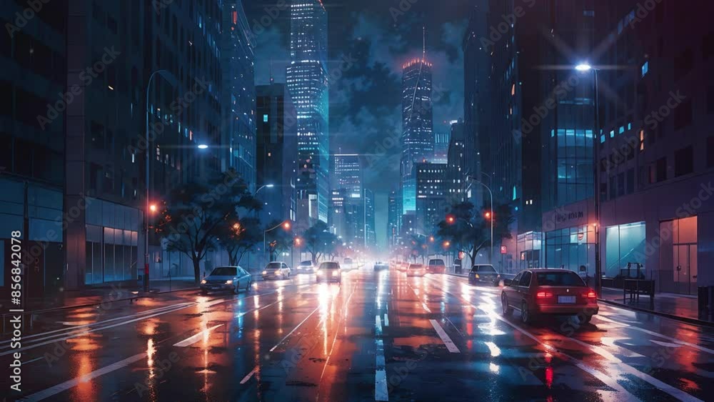 In a 4K looping video, the nighttime cityscape displays tall, illuminated skyscrapers, a wet street, and a captivating urban ambiance with various lights leading to a road converging in the distance. In a 4K looping video, the nighttime cityscape displays tall, illuminated skyscrapers, a wet street, and a captivating urban ambiance with various lights leading to a road converging in the distance.