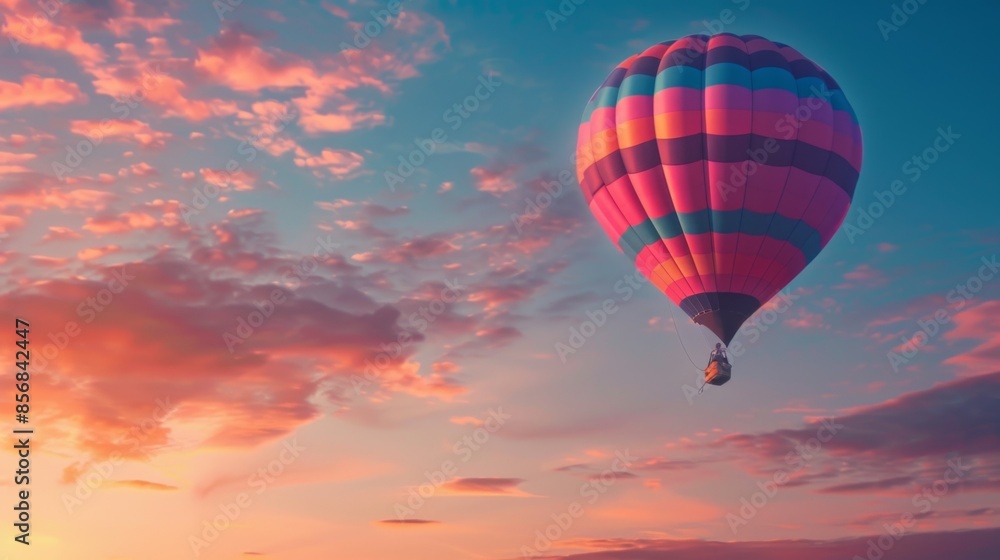 A colorful hot air balloon soaring against the backdrop of a dawn sky, bathed in warm morning light. A colorful hot air balloon soaring against the backdrop of a dawn sky, bathed in warm morning light.