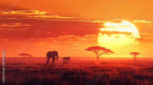 silhouette of African wildlives in sunset 