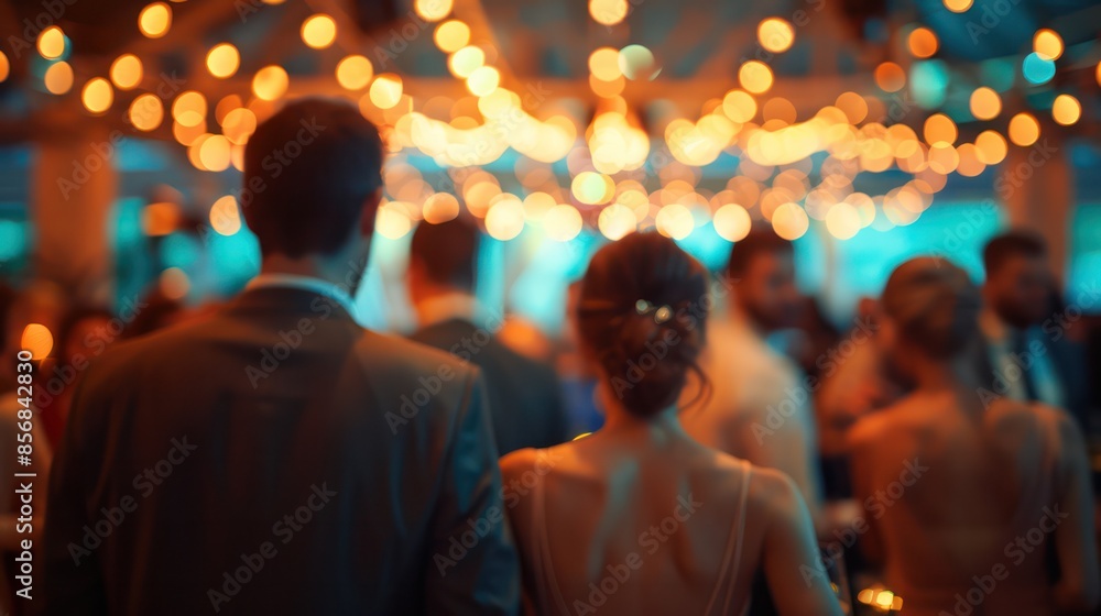 A man and woman are standing in a crowded room with many people around them A man and woman are standing in a crowded room with many people around them
