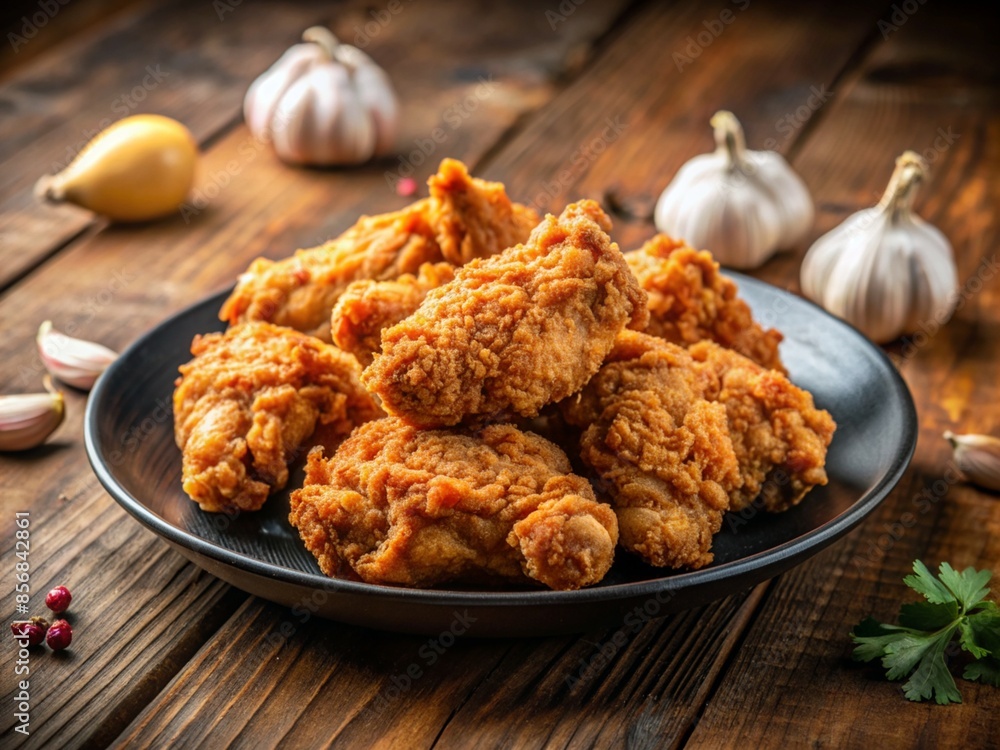 Crispy fried chicken served on a wooden board Crispy fried chicken served on a wooden board