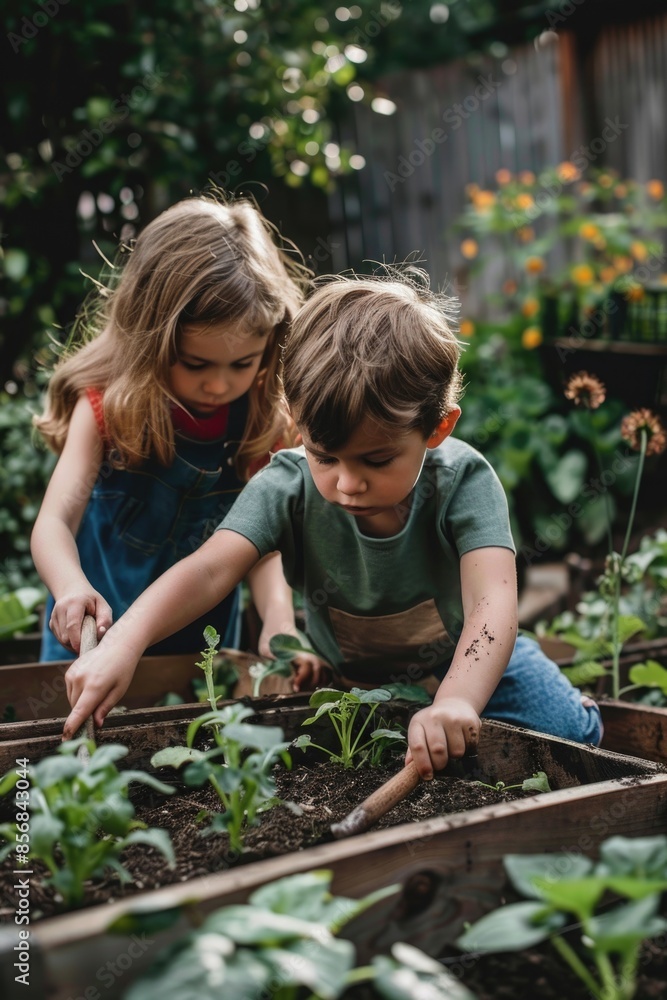 Young kids enjoying the outdoors and nature in a beautiful garden setting Young kids enjoying the outdoors and nature in a beautiful garden setting