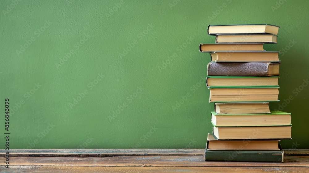 Stacked books on a wooden table with a green background for back to school theme with ad space Stacked books on a wooden table with a green background for back to school theme with ad space