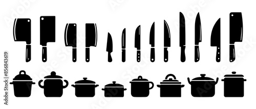 Kitchen utensils pots and knifes silhouette black filled vector Illustration icon