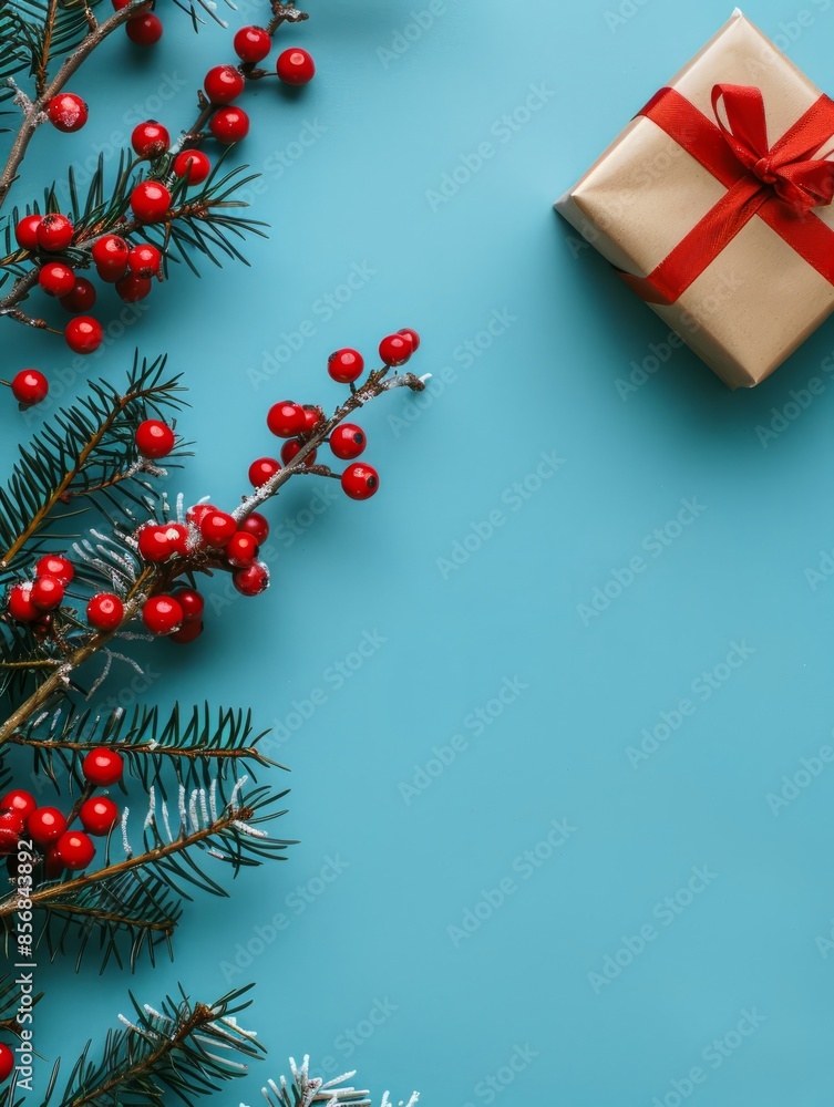 Christmas tree branch with red berries and gift box over blue xmas background. Flat lay, top view, copy space. Christmas banner mockup with copy space Christmas tree branch with red berries and gift box over blue xmas background. Flat lay, top view, copy space. Christmas banner mockup with copy space