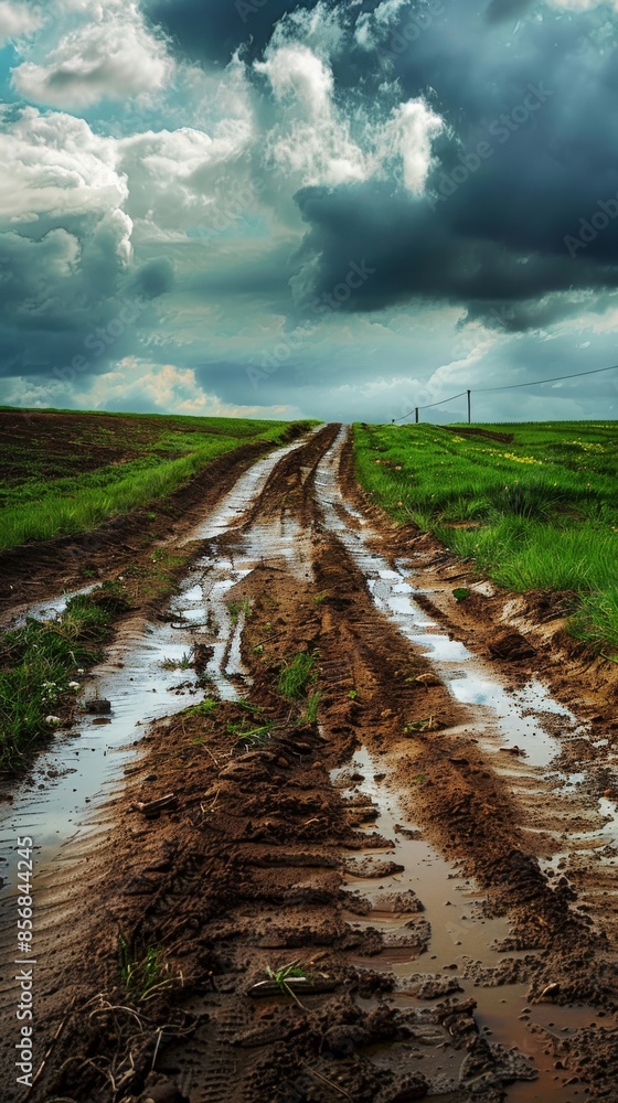 Fototapeta premium Muddy dirt road through green fields under a dramatic cloudy sky, stormy weather concept