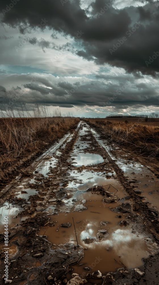 Fototapeta premium Muddy dirt road through rural field under dark storm clouds, dramatic weather concept