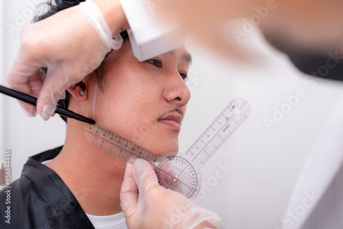 An esthetician marking white lines on a man's jaw area as a guide for jawline filler procedure. Using a goniometer as a guide. Shaping a more squarish and manlier jawline.