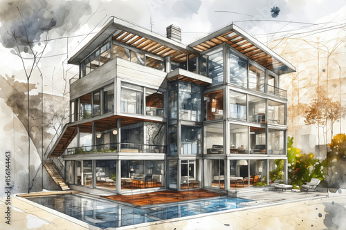 modern house drawing with glass windows and wooden accents © Magic Art