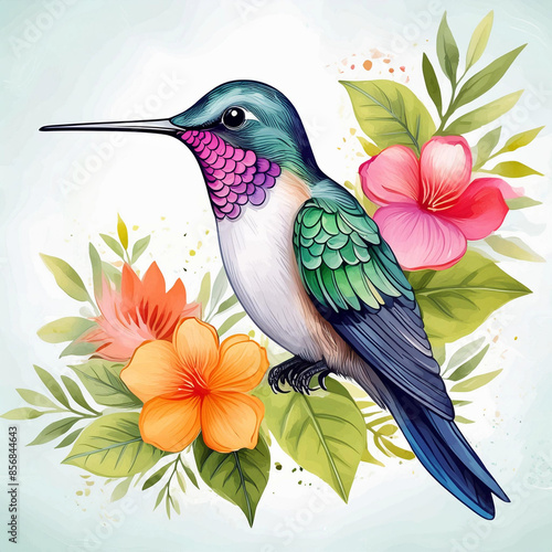 Vibrant Watercolor Hummingbird with Colorful Flowers and Leaves