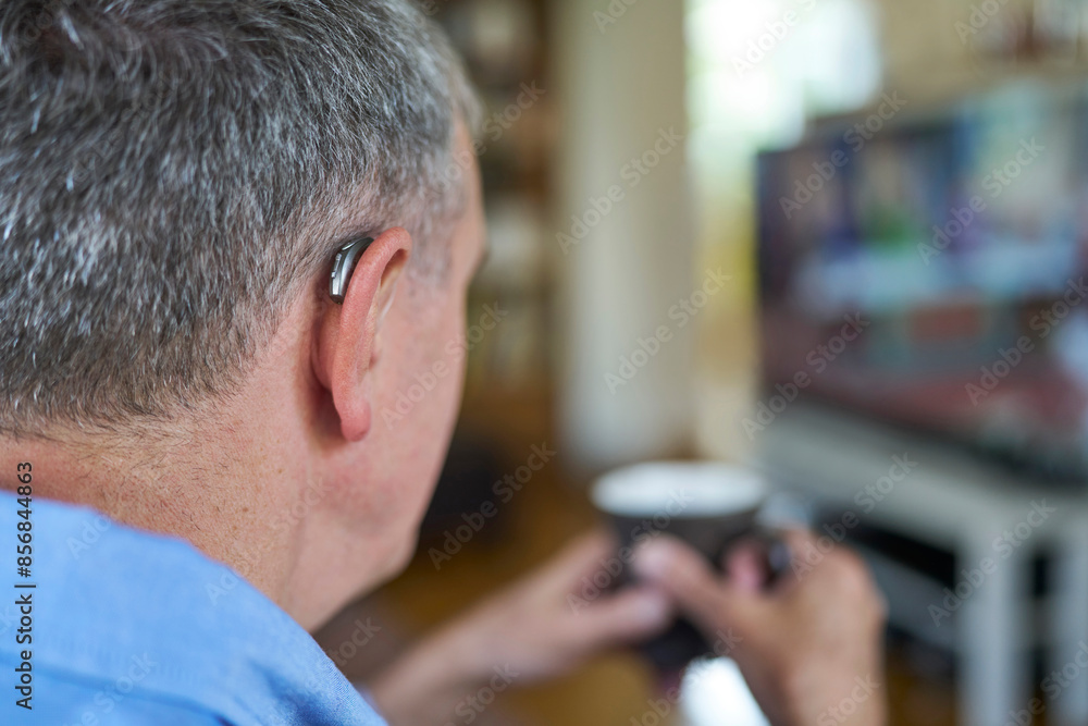 Close Up Of Mature Man Wearing Wireless Hearing Aid Watching TV At Home Relaxing With Hot Drink Close Up Of Mature Man Wearing Wireless Hearing Aid Watching TV At Home Relaxing With Hot Drink