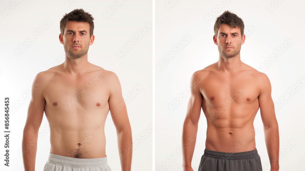 Man's Transformation: Before and After Weight Loss Pose - Diet, Healthy Nutrition, Fitness Results, and Getting Fit. Liposuction and Plastic Surgery, From Overweight to Slim Athlete. Training Journey Man's Transformation: Before and After Weight Loss Pose - Diet, Healthy Nutrition, Fitness Results, and Getting Fit. Liposuction and Plastic Surgery, From Overweight to Slim Athlete. Training Journey