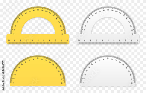 Set of realistic vector protractors png. Yellow, white protractor. Various types of protractors. School supplies png.