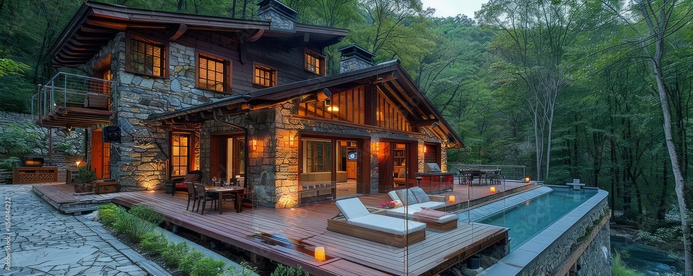 Mountain retreat with a stone exterior and large deck. Mountain retreat with a stone exterior and large deck.