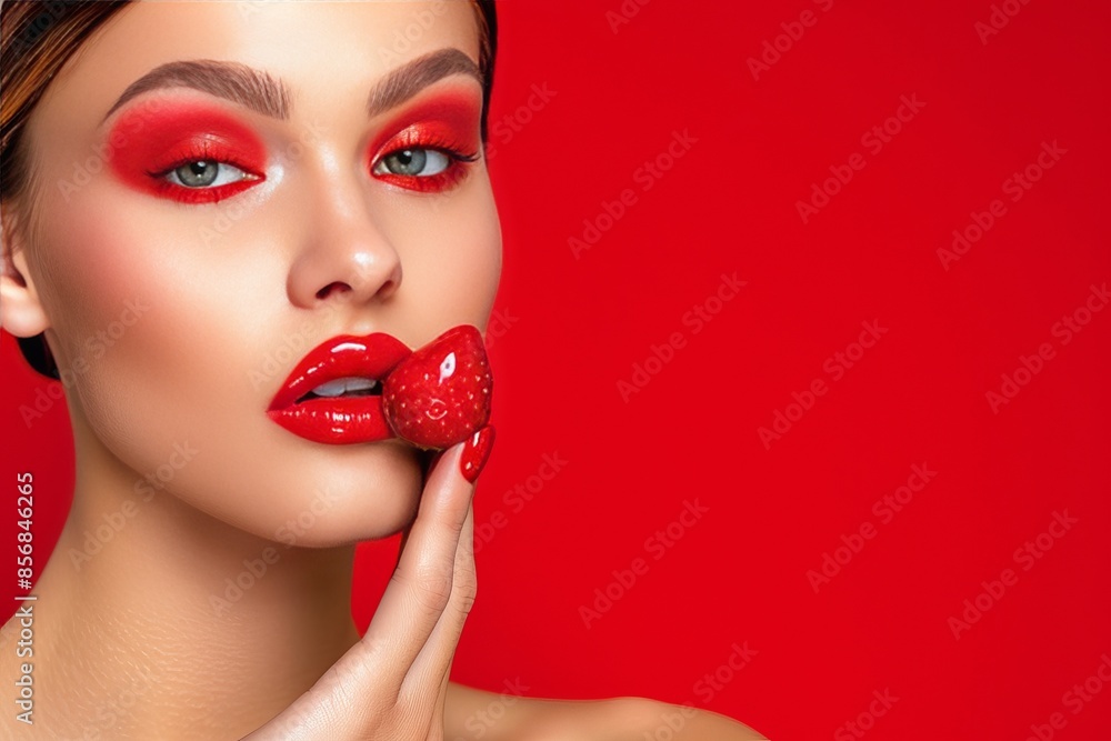 Intimate portrait of half face with stunning red lips playfully biting into ripe strawberry Intimate portrait of half face with stunning red lips playfully biting into ripe strawberry