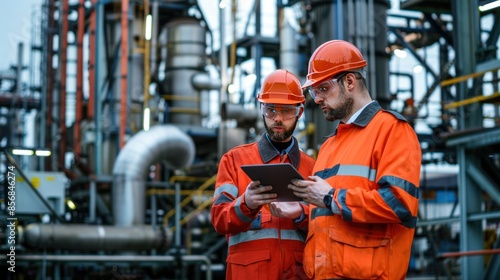 Industrial workers using a digital tablet on site 