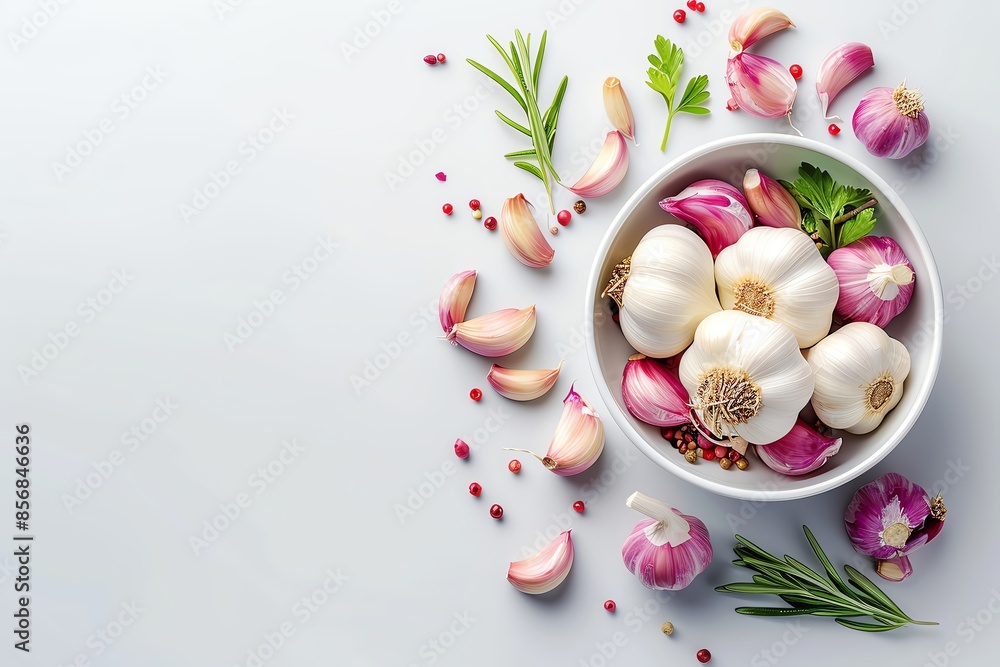 Fresh garlic bulbs and red onions with herbs in a white bowl on a light background, showcasing vibrant, healthy cooking ingredients.