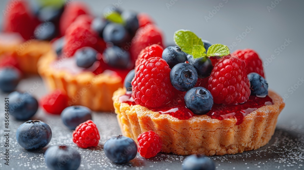 A tartlet filled with fresh raspberries and blueberries on a dusted surface with powdered sugar A tartlet filled with fresh raspberries and blueberries on a dusted surface with powdered sugar