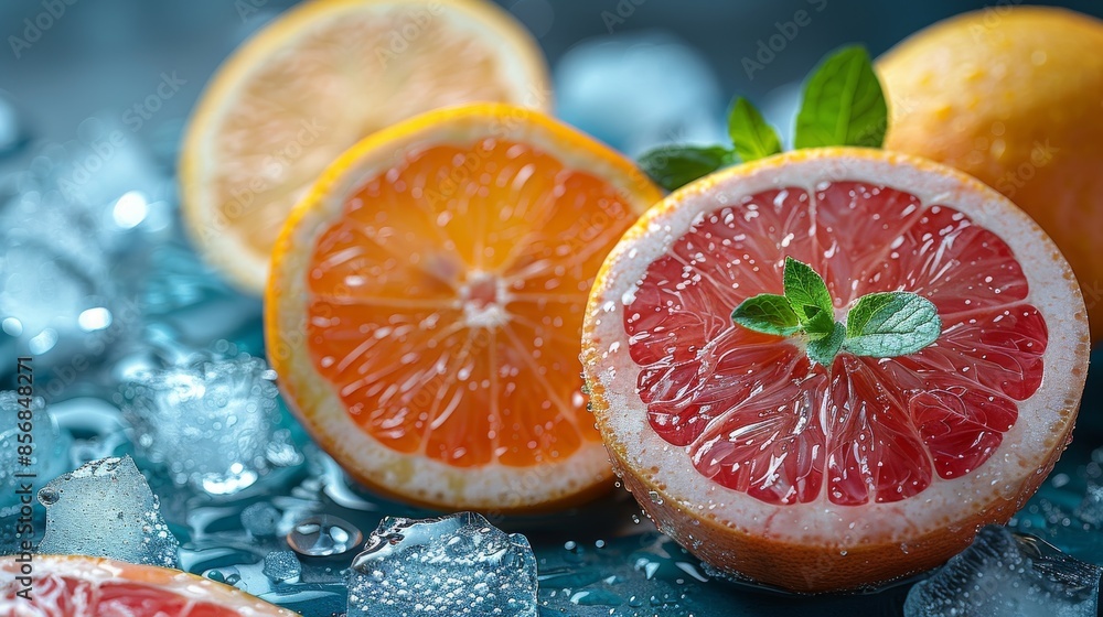 Saturated close-up of juicy citrus fruits with mint leaves and ice on a moisture-covered table, highlighting the juicy details Saturated close-up of juicy citrus fruits with mint leaves and ice on a moisture-covered table, highlighting the juicy details
