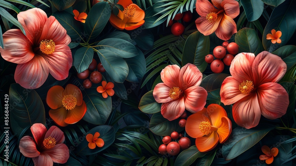 Luxuriant red flowers and berries are nestled among verdant leaves in this rich, botanical composition Luxuriant red flowers and berries are nestled among verdant leaves in this rich, botanical composition