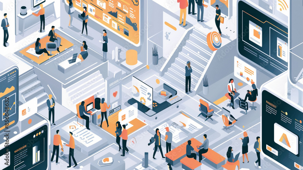 Vector illustration of a group of individuals surrounding a computer monitor Vector illustration of a group of individuals surrounding a computer monitor