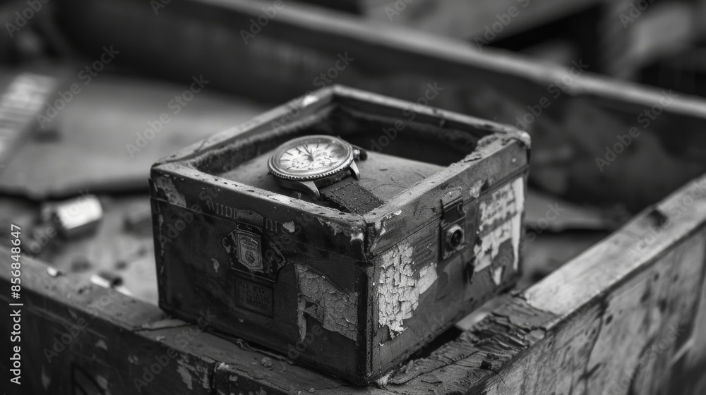 Obraz premium A motheaten watch box with remnants of velvet lining and a faded logo. Black and white art
