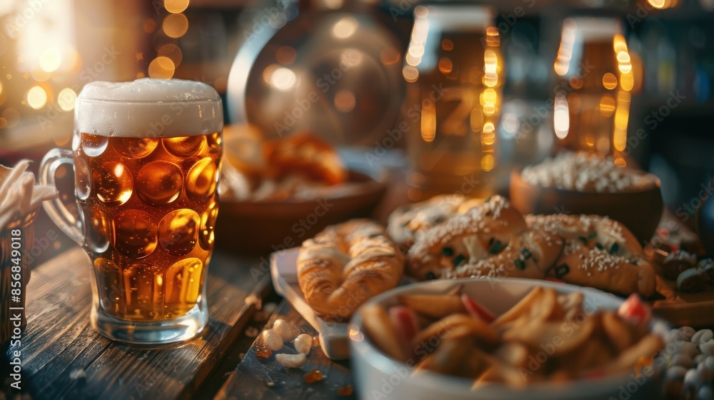 Snacks and beer on a wooden table. Football season or idea of a fan celebration Snacks and beer on a wooden table. Football season or idea of a fan celebration