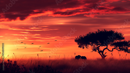 silhouette of African wildlives in sunset 